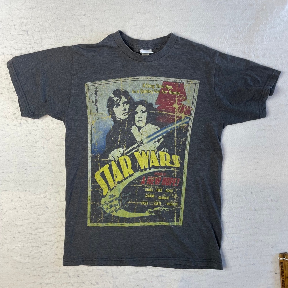Star Wars Graphic T-Shirt Small Charcoal Grey A New Hope Movie Poster Distressed